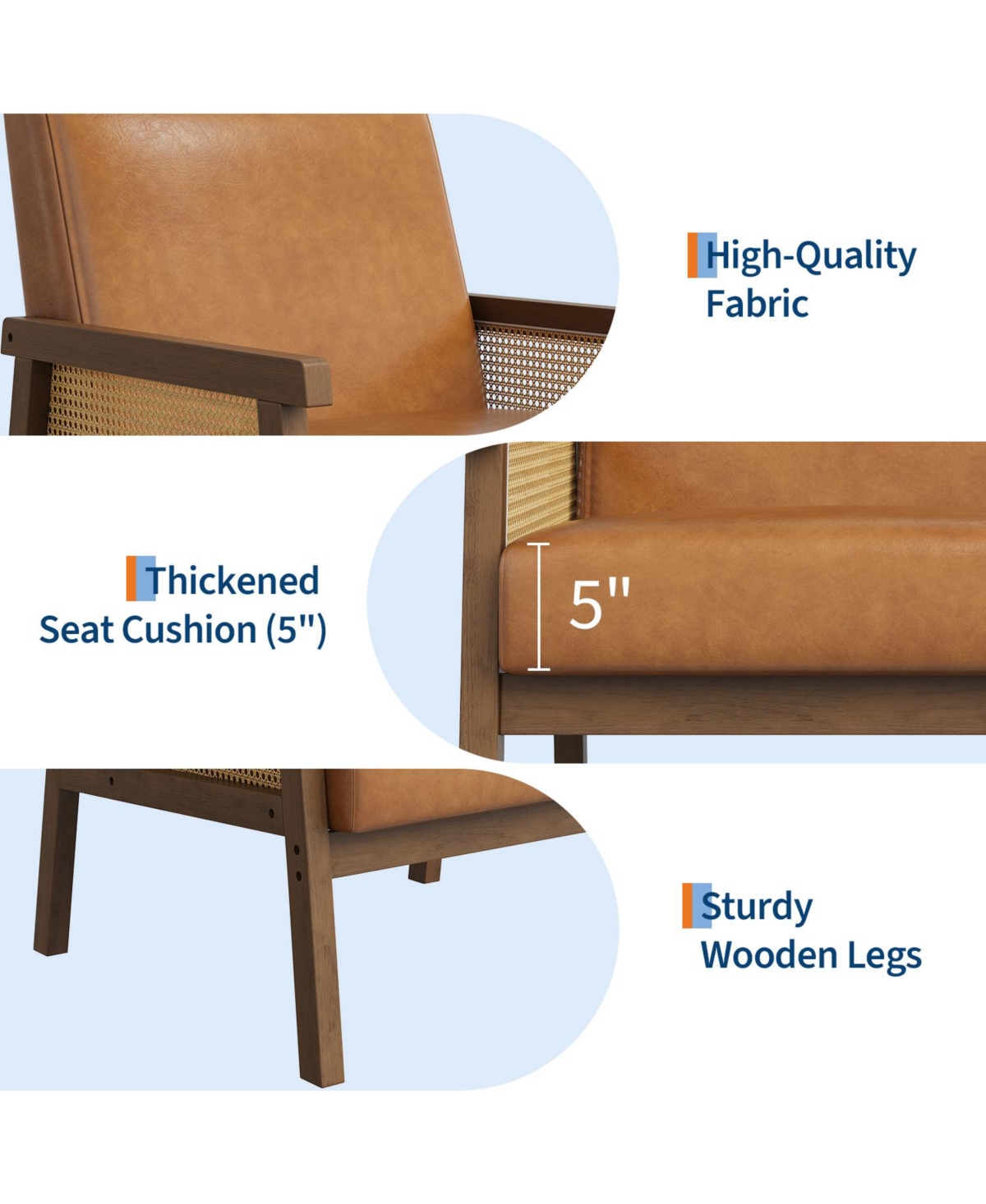 Rattan Accent Chair Contemporary High Back Wooden Frame Armchair Upholstered Boucle Pu Leather Cozy Reading Leisure for Living Room Bedroom
