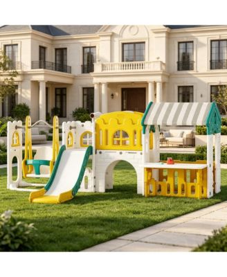 Kids Slide with Tent and Swing Set, Indoor Playground Climber with Ladder for Active Fun, Yellow Green, Ages 3-6