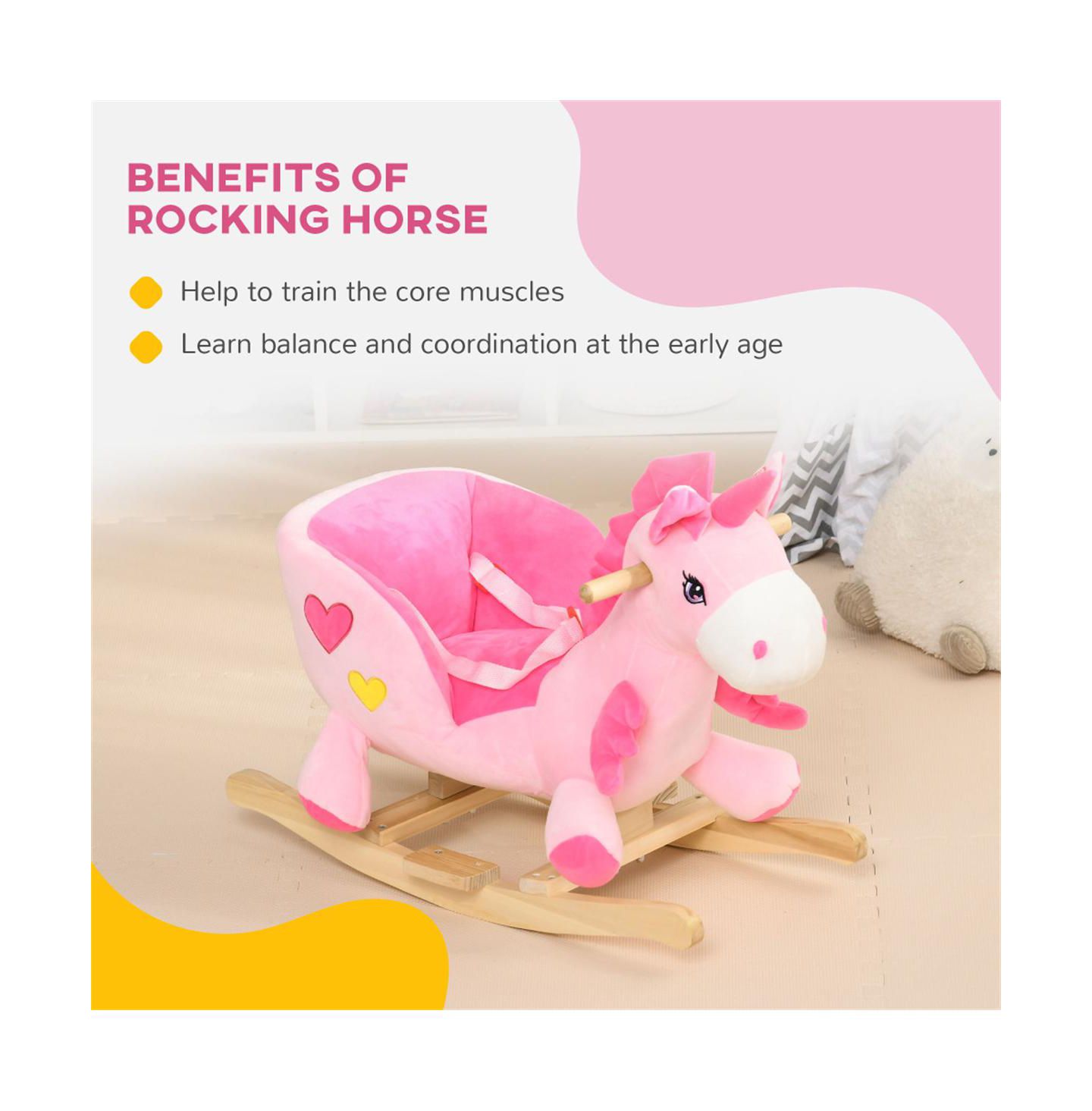 YOBTOP Baby Rocking Horse, Ride on Unicorn with 32 Songs, Toddler Rocker Toy with Wooden Base Seat Safety Belt, цвет: Розовый — фото 4