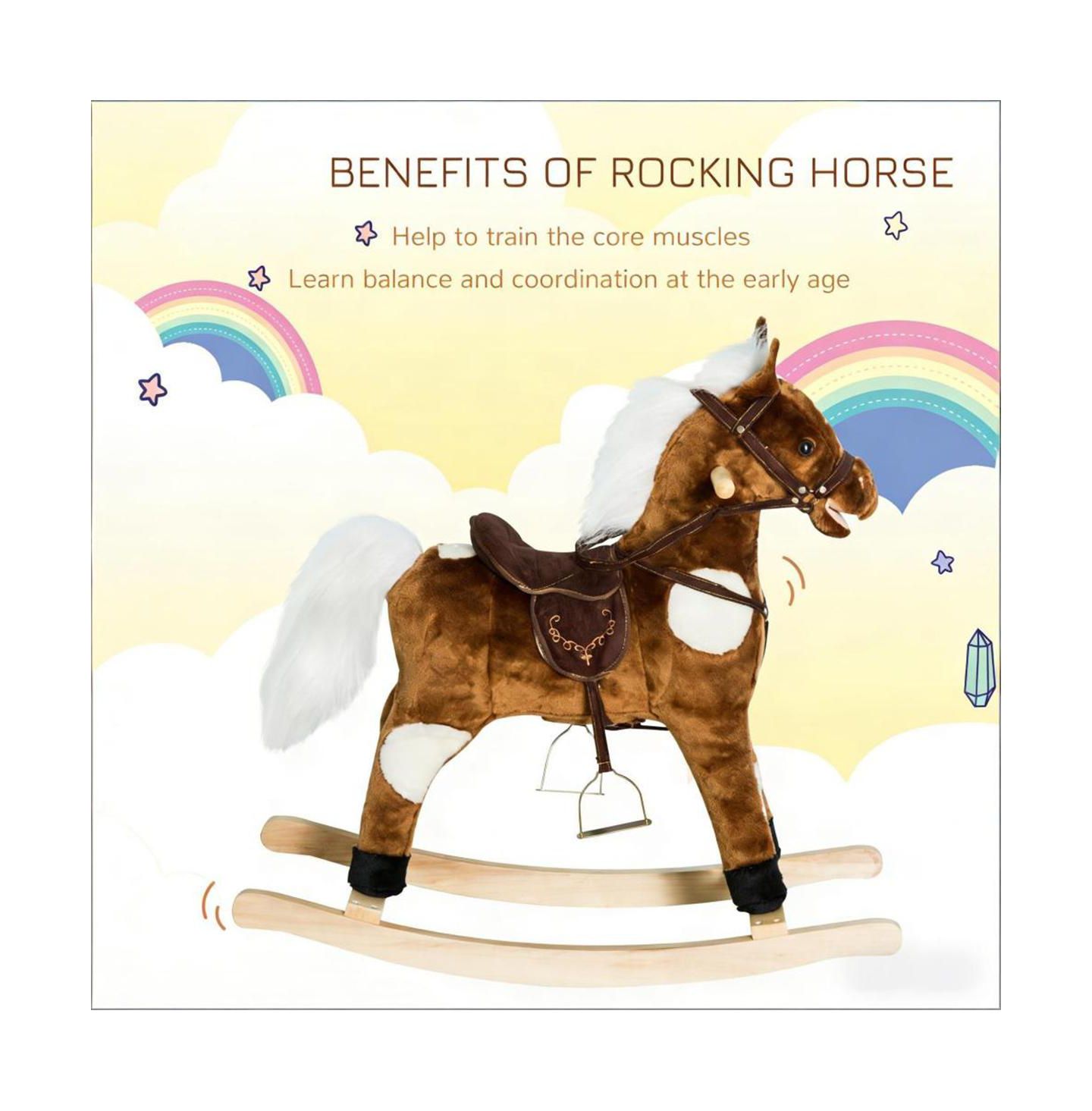 Детская мягкая игрушка YOBTOP Kids Plush Rocking Horse Toy - Toddler Ride On Pony with Tail Wagging and Music, Soft Plush Body, Sturdy Metal Frame, Safe Rocking, цвет: Коричневый — фото 6