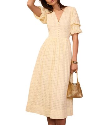 Women's Checked Puff-Sleeve V-Neck Midi Dress