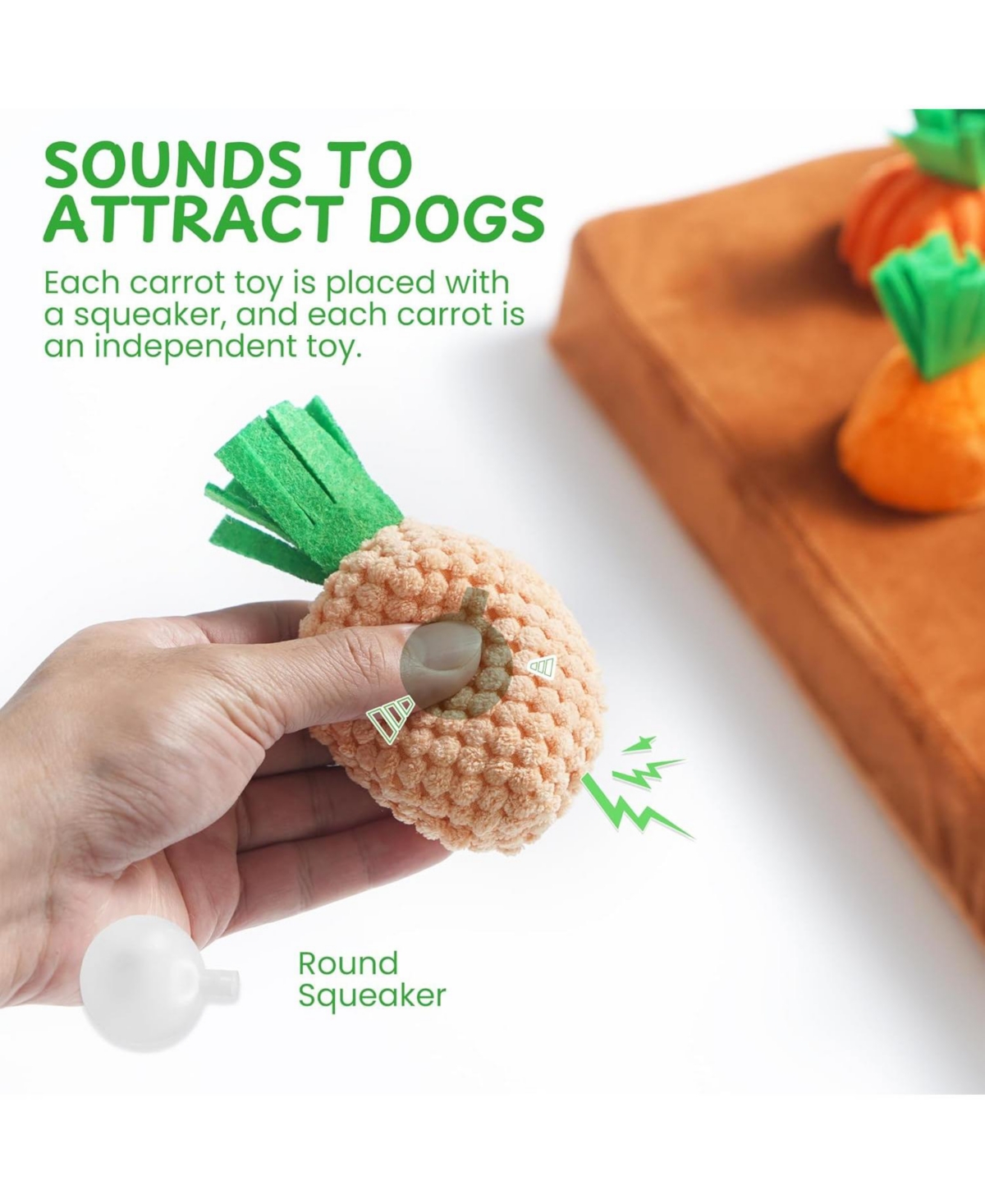 Nocciola 12 Pack Carrot Field Snuffle Dog Toys, Various-Fabric Squeaky Carrots with Hide and Seek Treat-Hiding Plush Mat