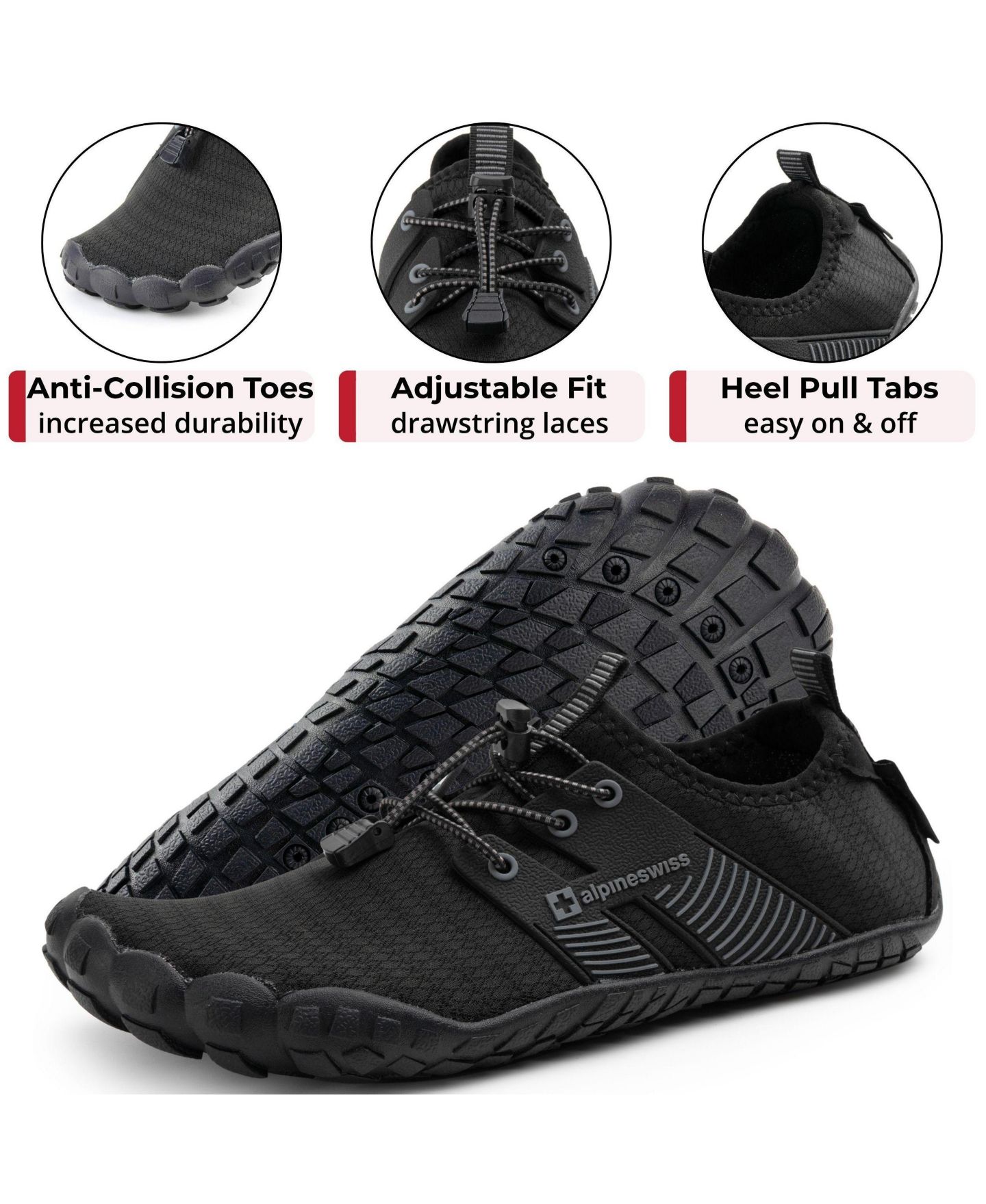 Мужские кроссовки Alpine Swiss Quick-Dry Water Shoes Non-Slip Lightweight Beach Barefoot, цвет: Чёрный — фото 3
