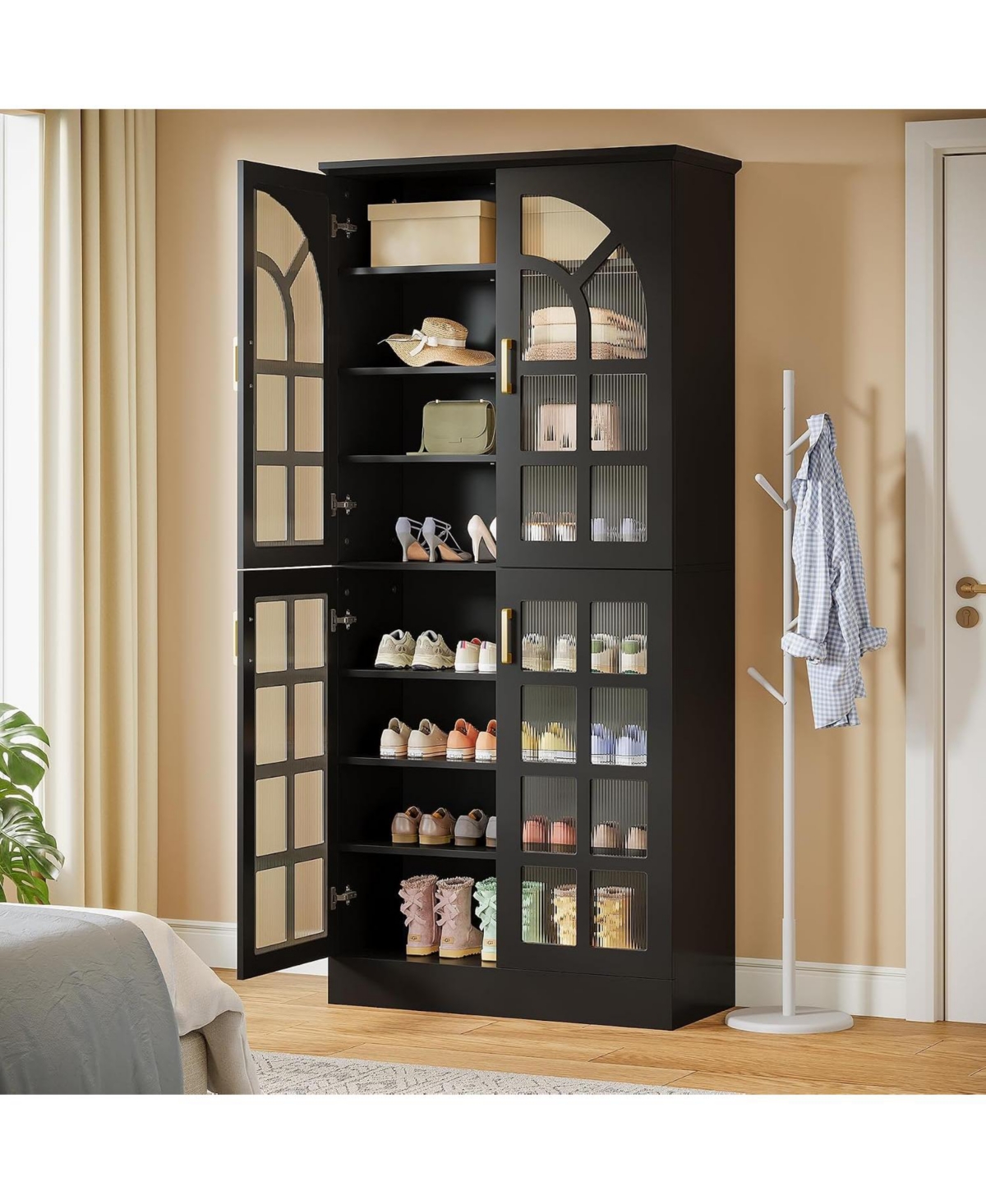 Tribesigns Tall Shoe Cabinet with Doors,Led Lights, 8-Tier,Adjustable