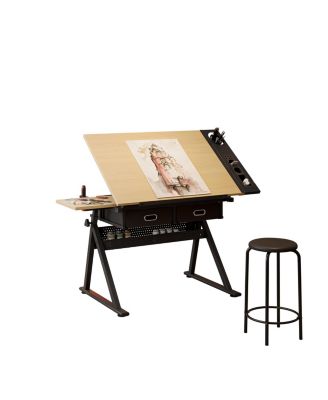 Professional Height Adjustable Drafting Table with Stool, Tilting Artist Drawing Desk with 2 Drawers, 0-75degree(s) Angle Art Workstation