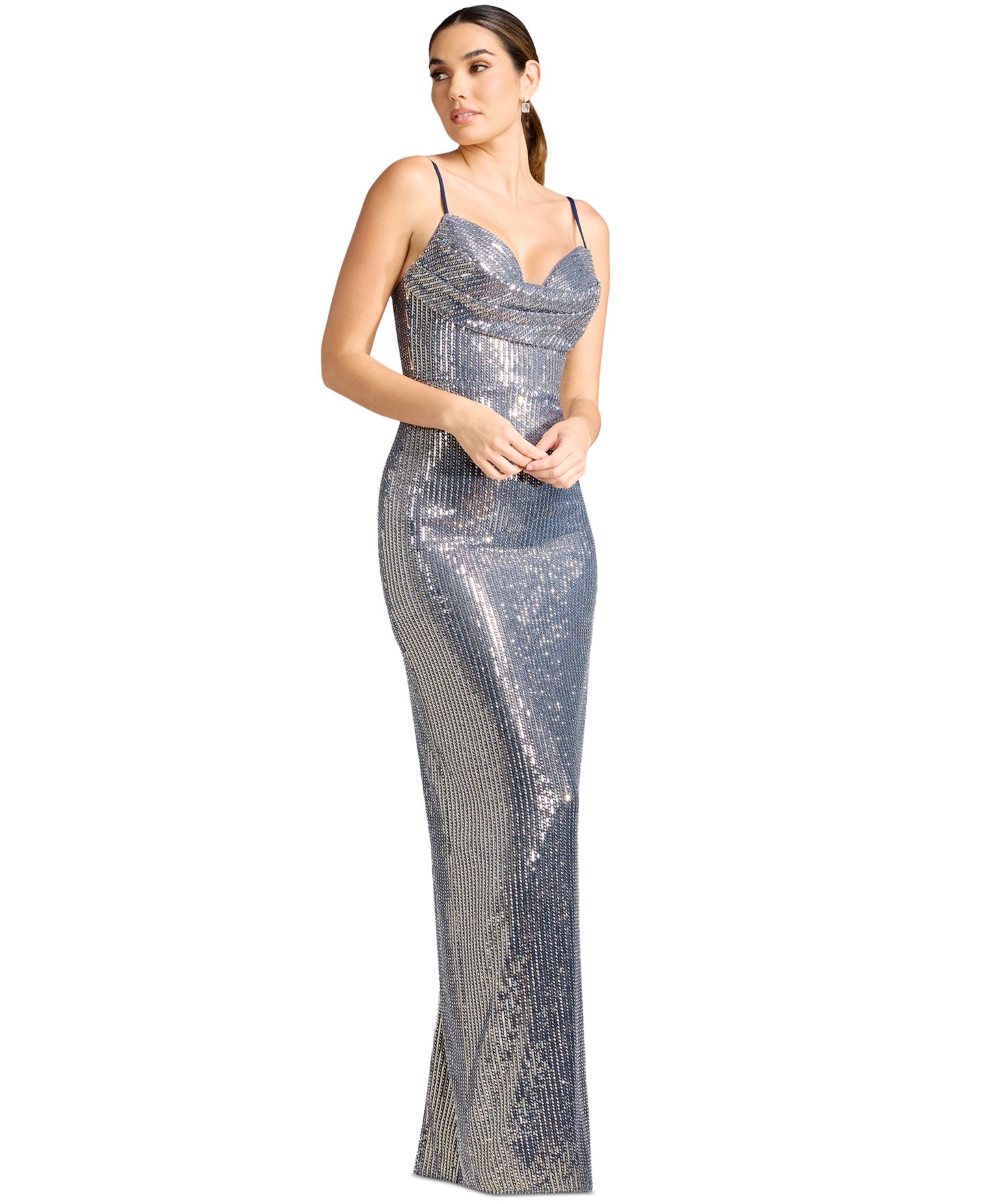 Женское платье Dress the Population Sleeveless Sweetheart Cowl-Neck Sequin, цвет: Тёмно-синий / Золотой — фото 7