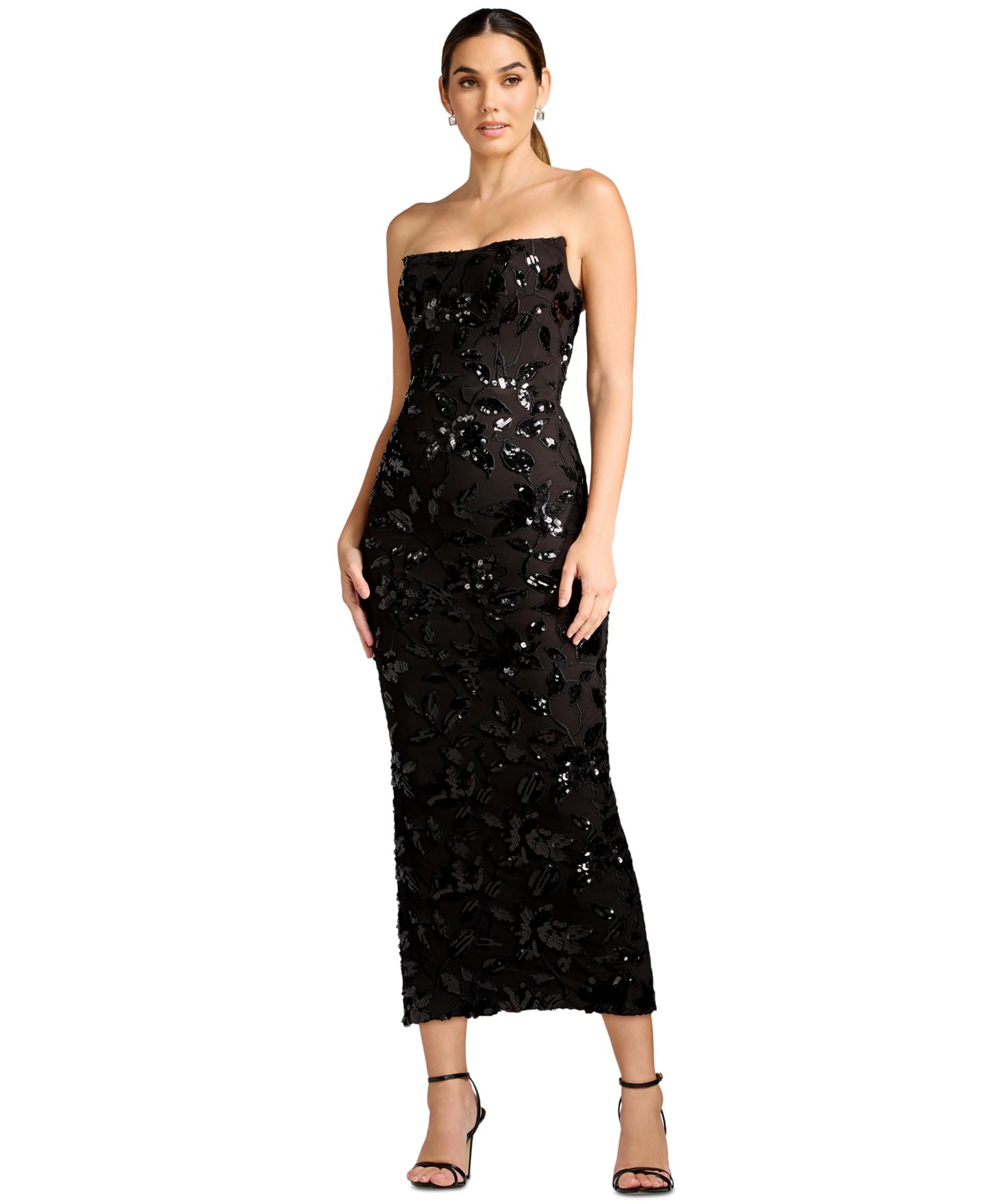 Женское платье Dress the Population Strapless Corset Sequin Midi, цвет: Чёрный / Мокко — фото 1