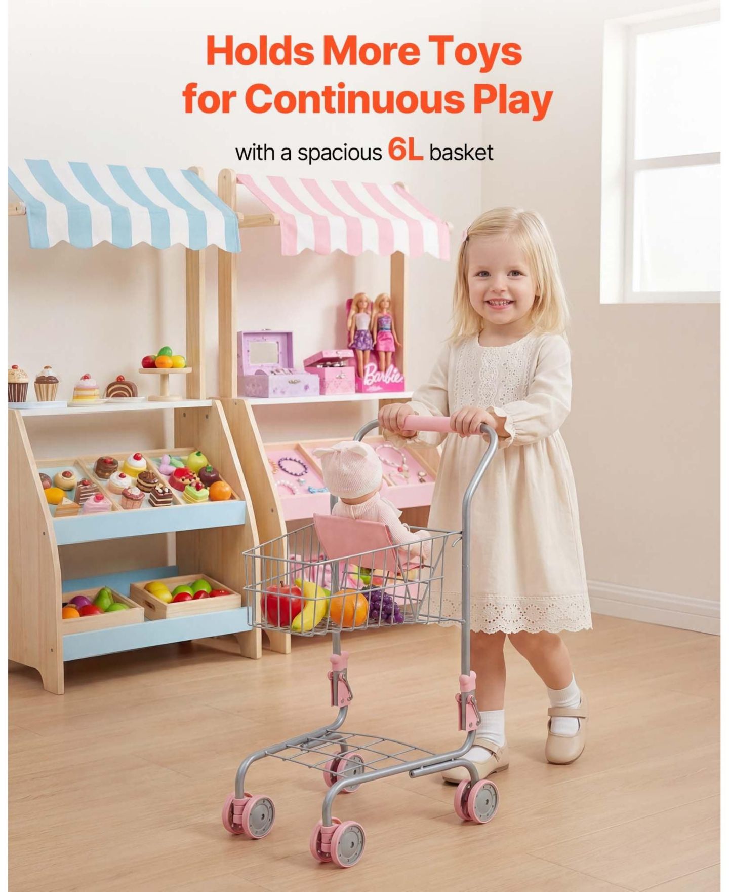 Детская игрушка SUGIFT Kids Pretend Play Shopping Cart with 6 L Basket and 12-in Doll for Ages 3+, цвет: Розовый — фото 8
