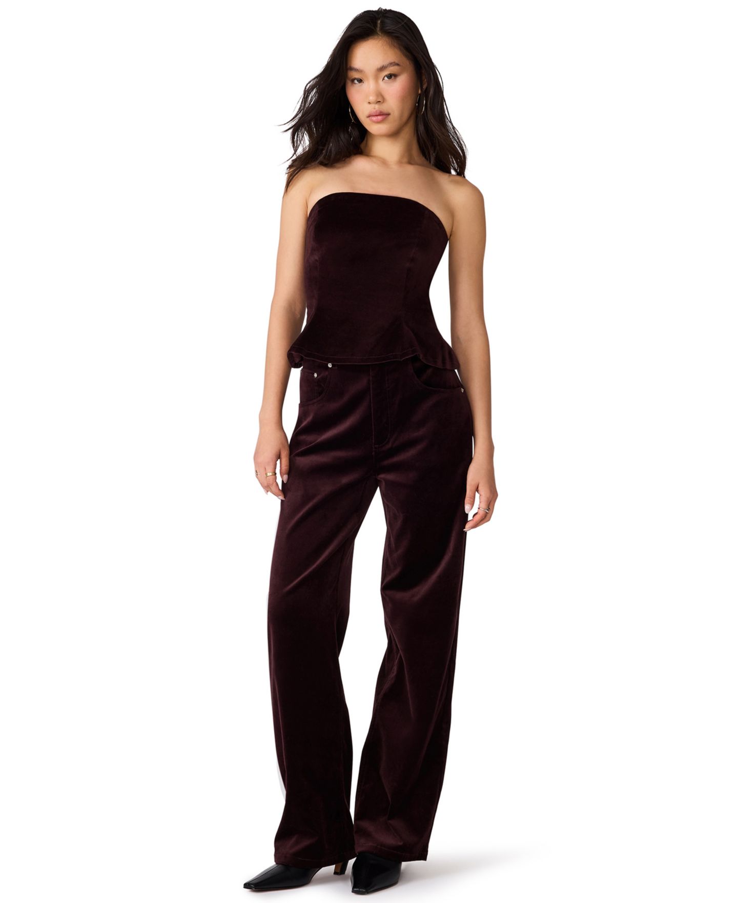 Женский топ Steve Madden Dawnette Strapless Velvet Peplum, цвет: Глубокий инжирный — фото 2