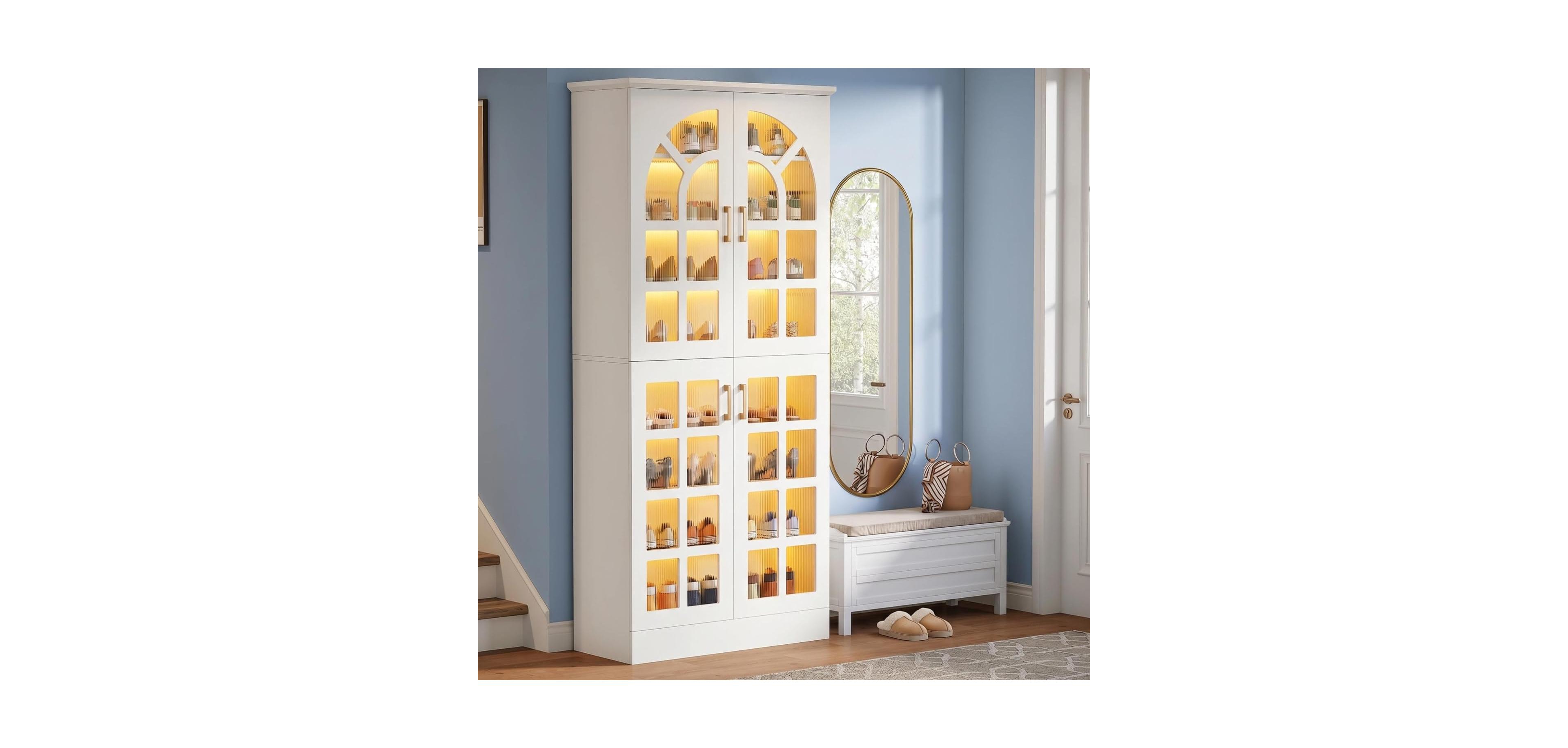 Tribesigns Tall Shoe Cabinet with Doors,Led Lights, 8-Tier,Adjustable