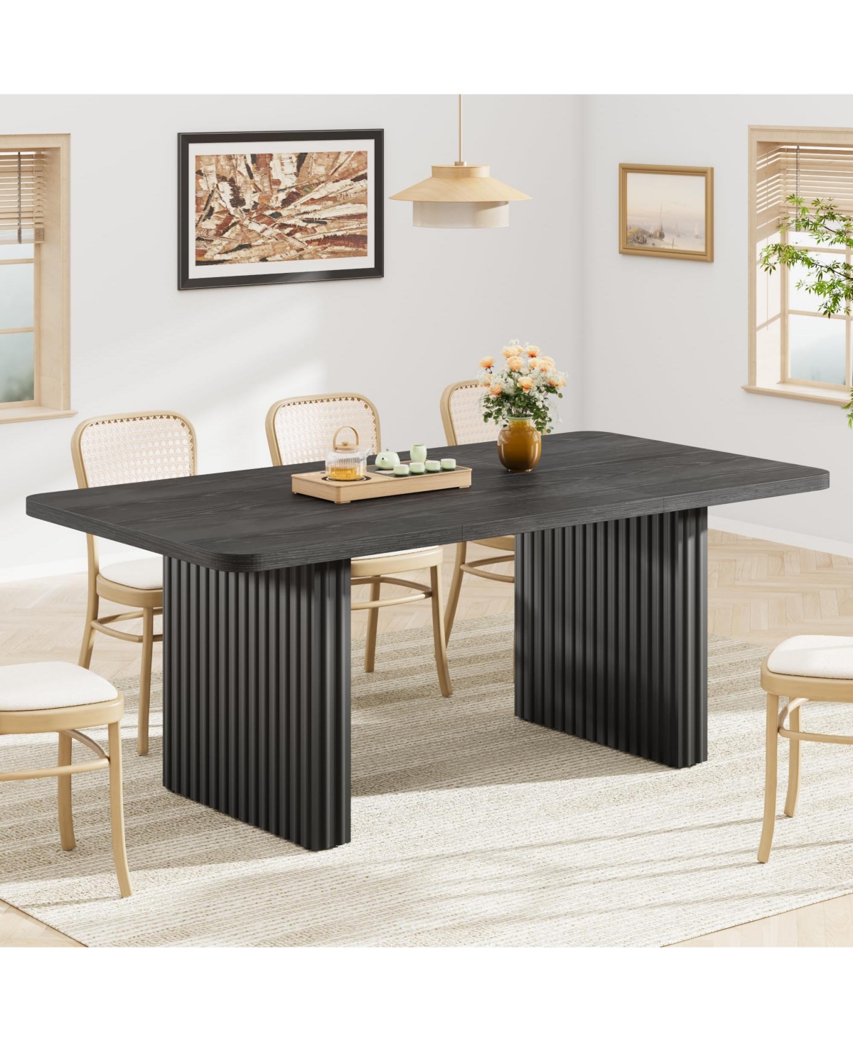 gaomon Modern Dining Table for 6-8 People, Rectangular Farmhouse Kitchen Table with Artistic Fluted Wave Metal Legs, Sleek Wood Top Finish