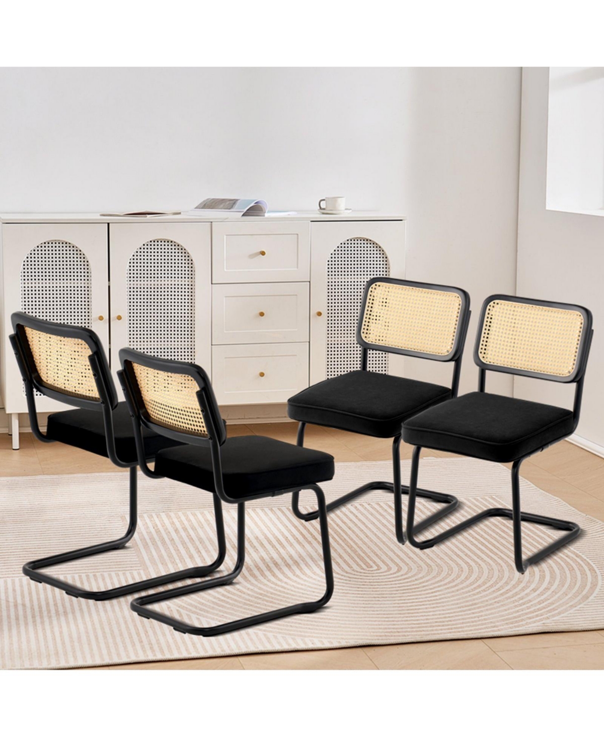 Slickblue Set of 4 Rattan Dining Chairs with Velvet Upholstered Seats
