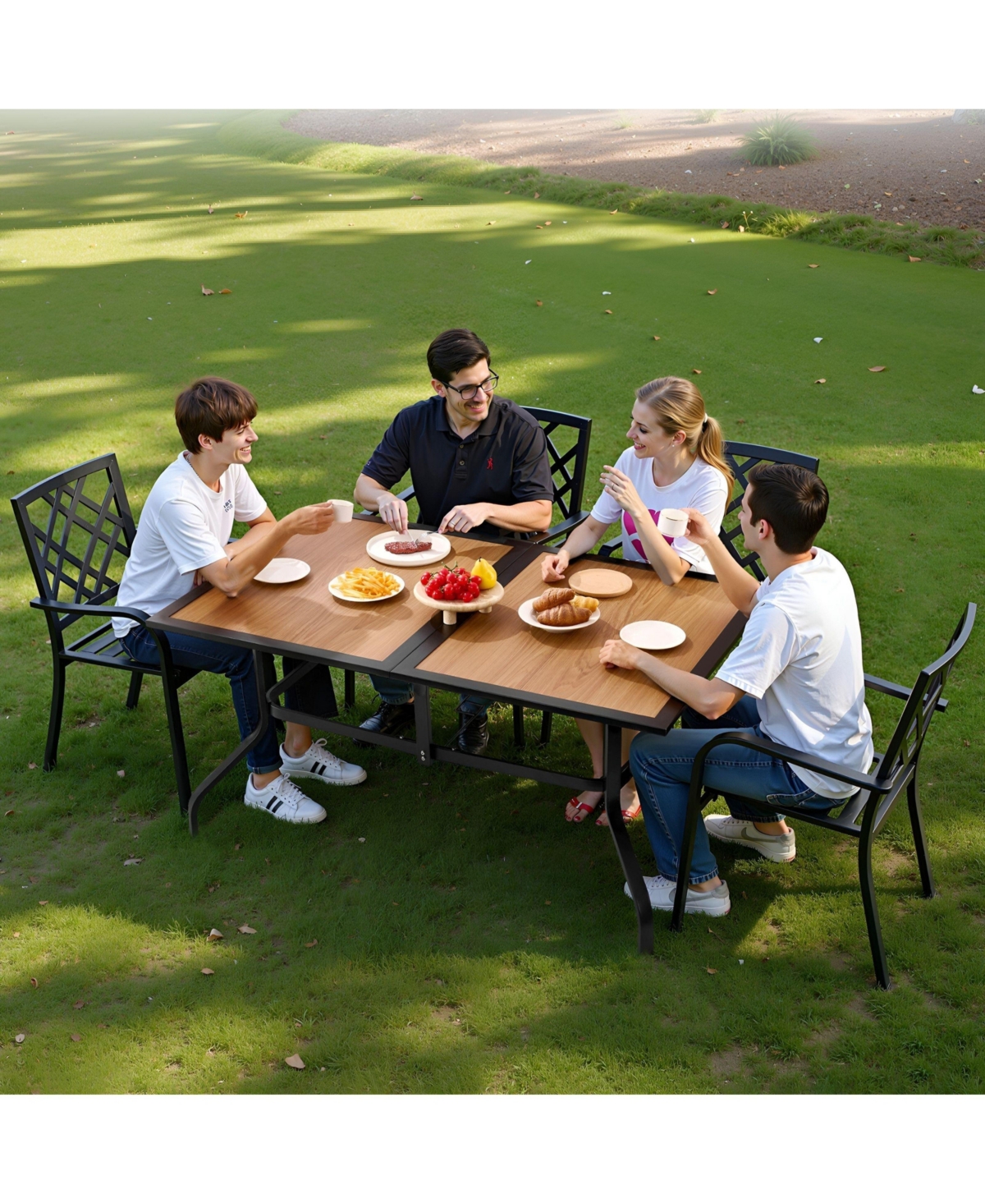 Slickblue Rectangular Outdoor Dining Table for 4-6 People, Wood-Look Steel Patio Table with Umbrella Hole