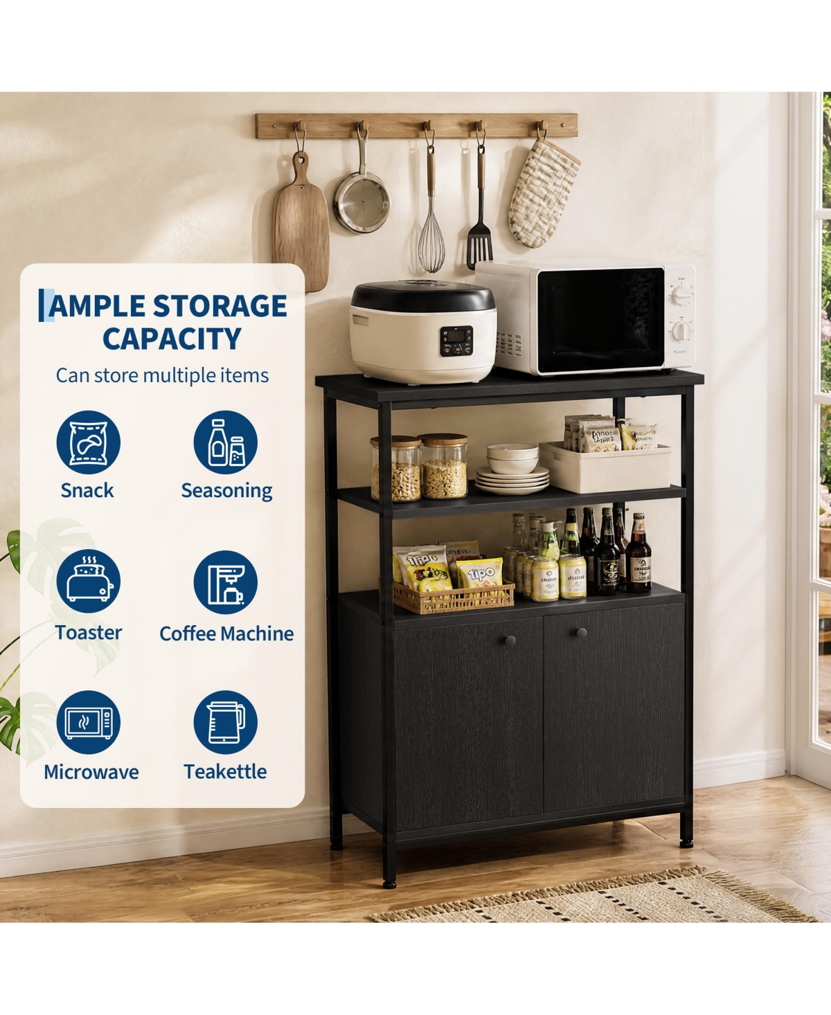 gaomon Sideboard Buffet Cabinet with Open Shelves and 2-Tier Storage, Freestanding Coffee Bar Cabinet with 2 Doors and Metal Feet for Kitchen