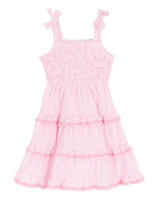 Girls' 4T-6X Yarn Dye Stripe Smocked Bodice Tie Shoulder Tiered Dress