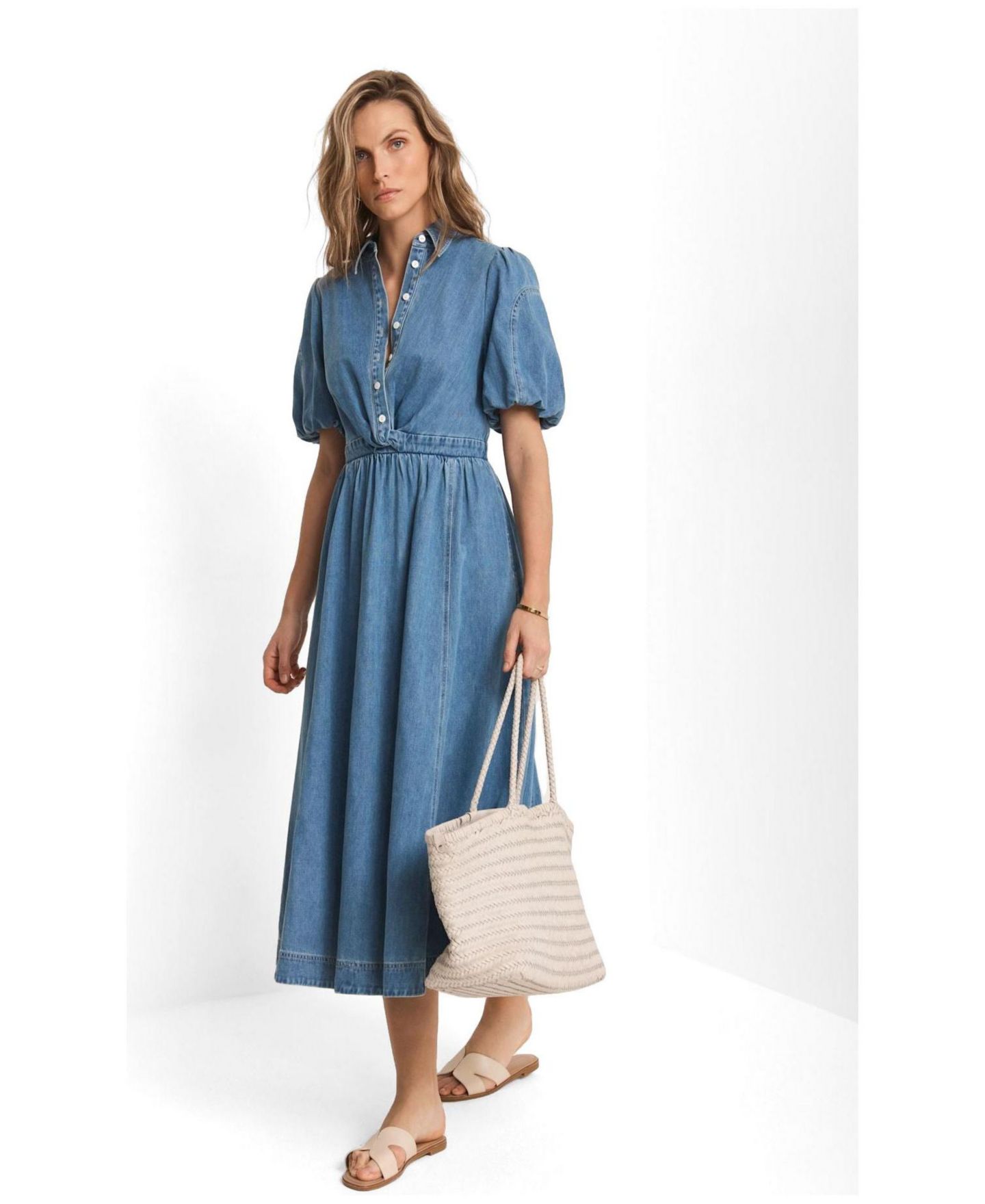 Женское платье Mint Velvet Twist Puff-Shoulder Cotton-Blend Denim Midi, цвет: Синий — фото 3