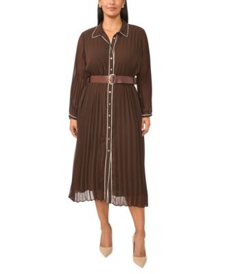 Plus Size Pleated Button-Up Long-Sleeve Midi Dress