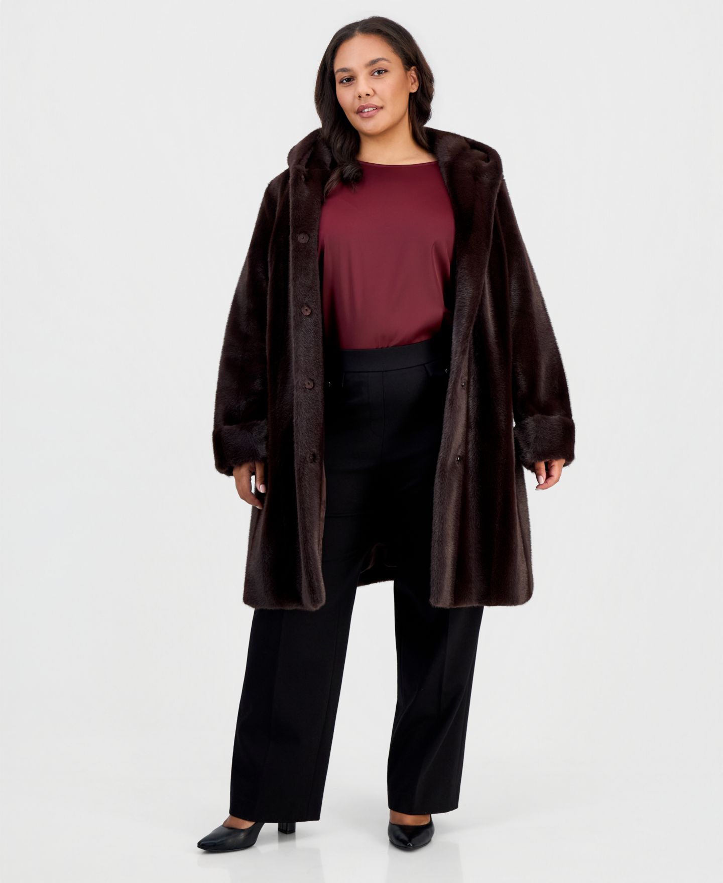Женское пальто Jones New York Plus Size Hooded Faux Fur, цвет: Тёмно-коричневый — фото 3