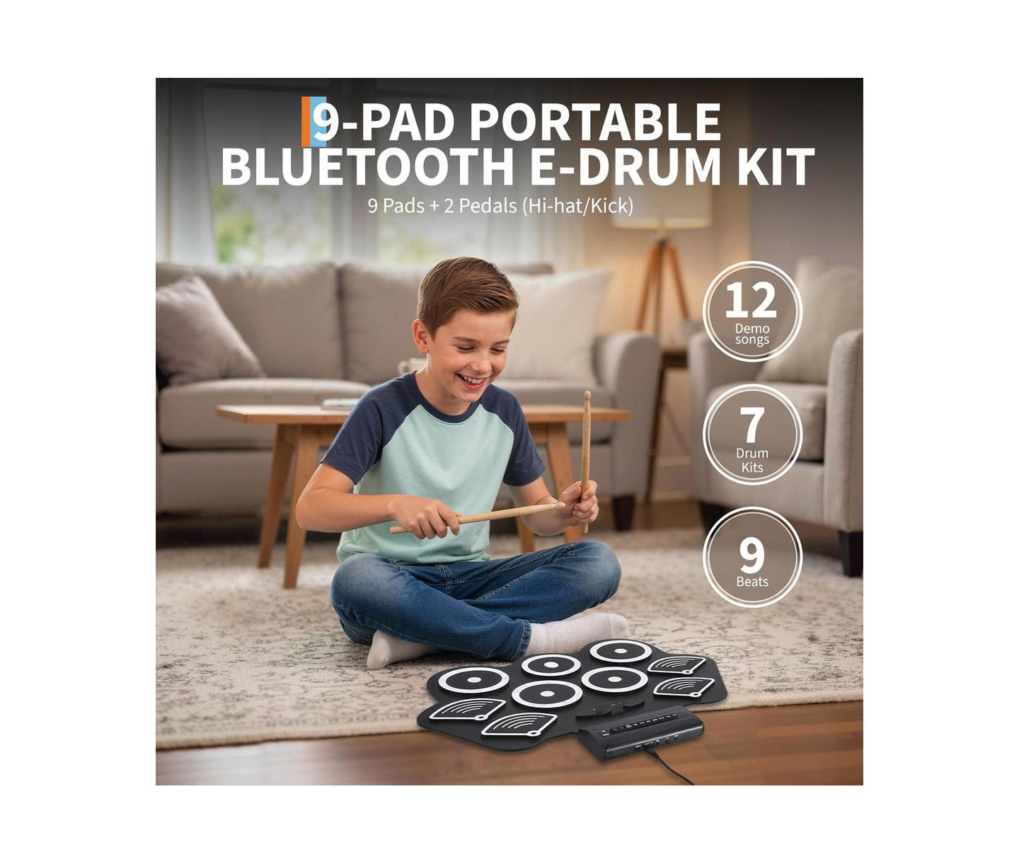 Детские игрушки homfan Roll-Up Electronic Drum Kit Bluetooth MIDI 9-Pad, Ages 10+ — фото 3