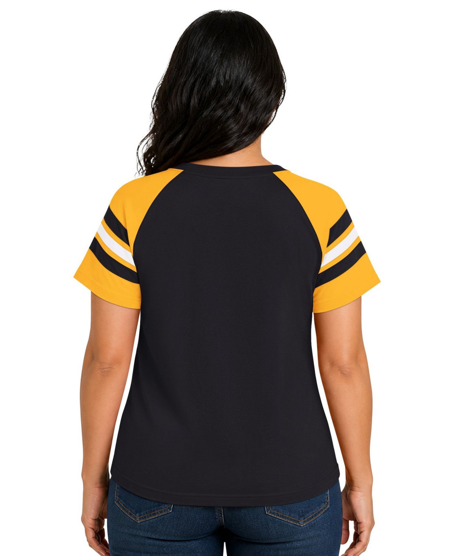 Women's Black Pittsburgh Steelers Plus Size Game On Notch Neck Raglan T-Shirt