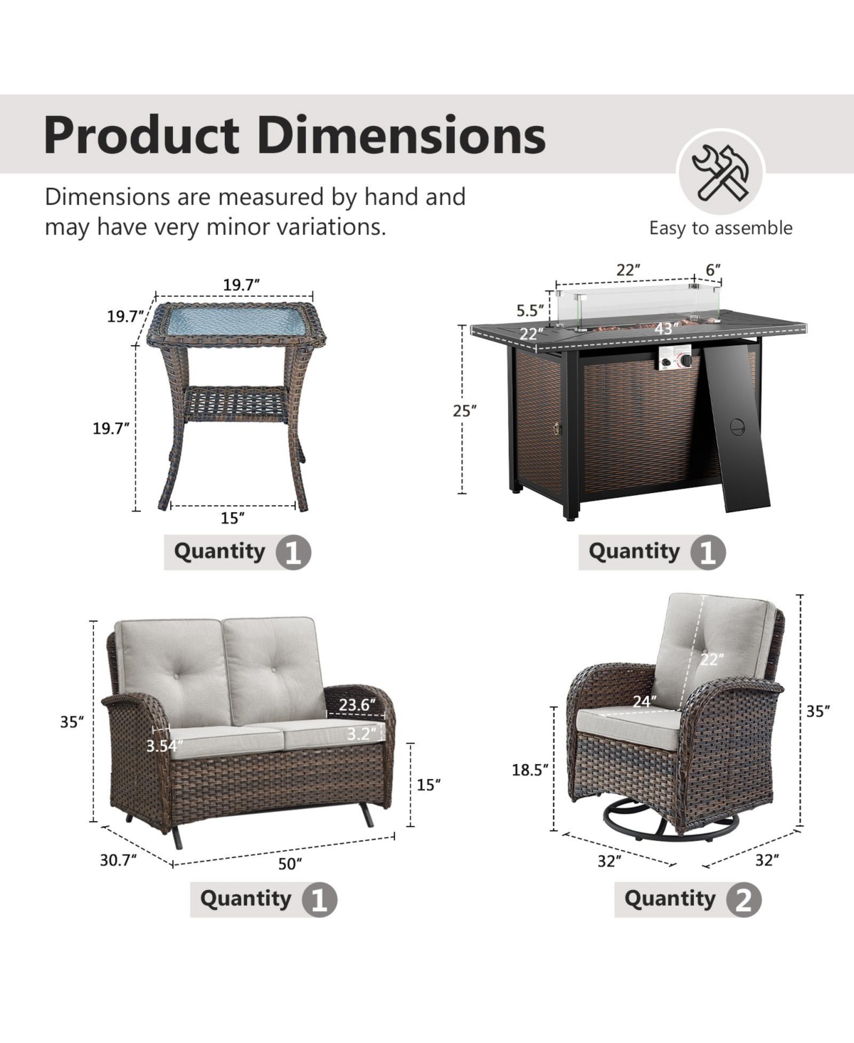 Bellefurn 5-Piece Outdoor Wicker Rattan Patio Glider Loveseat Conversation Set with Swivel Rocking Chairs and Fire Pit Table