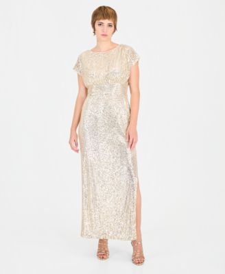 Women's Allover-Sequin Cape-Sleeve Side-Slit Gown