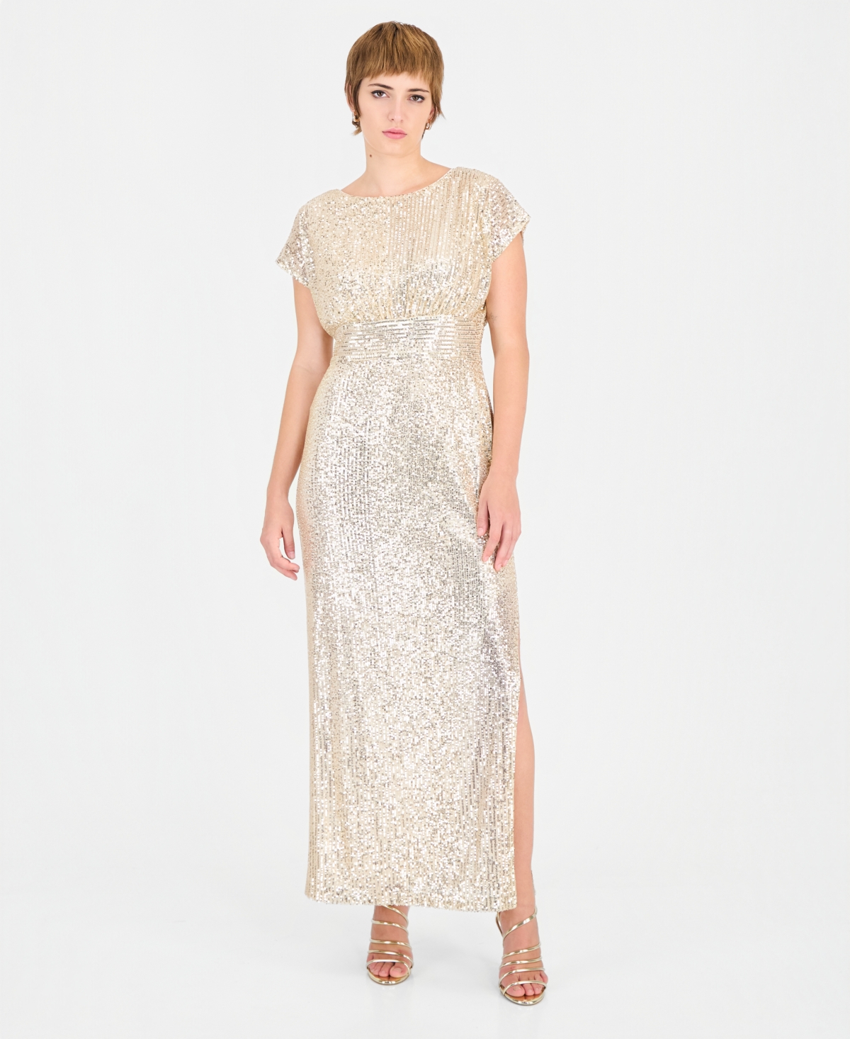 Connected Women's Allover-sequin Cape-sleeve Side-slit Gown In Champagne