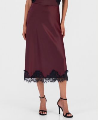 Women's Lace-Trim Midi Satin Skirt