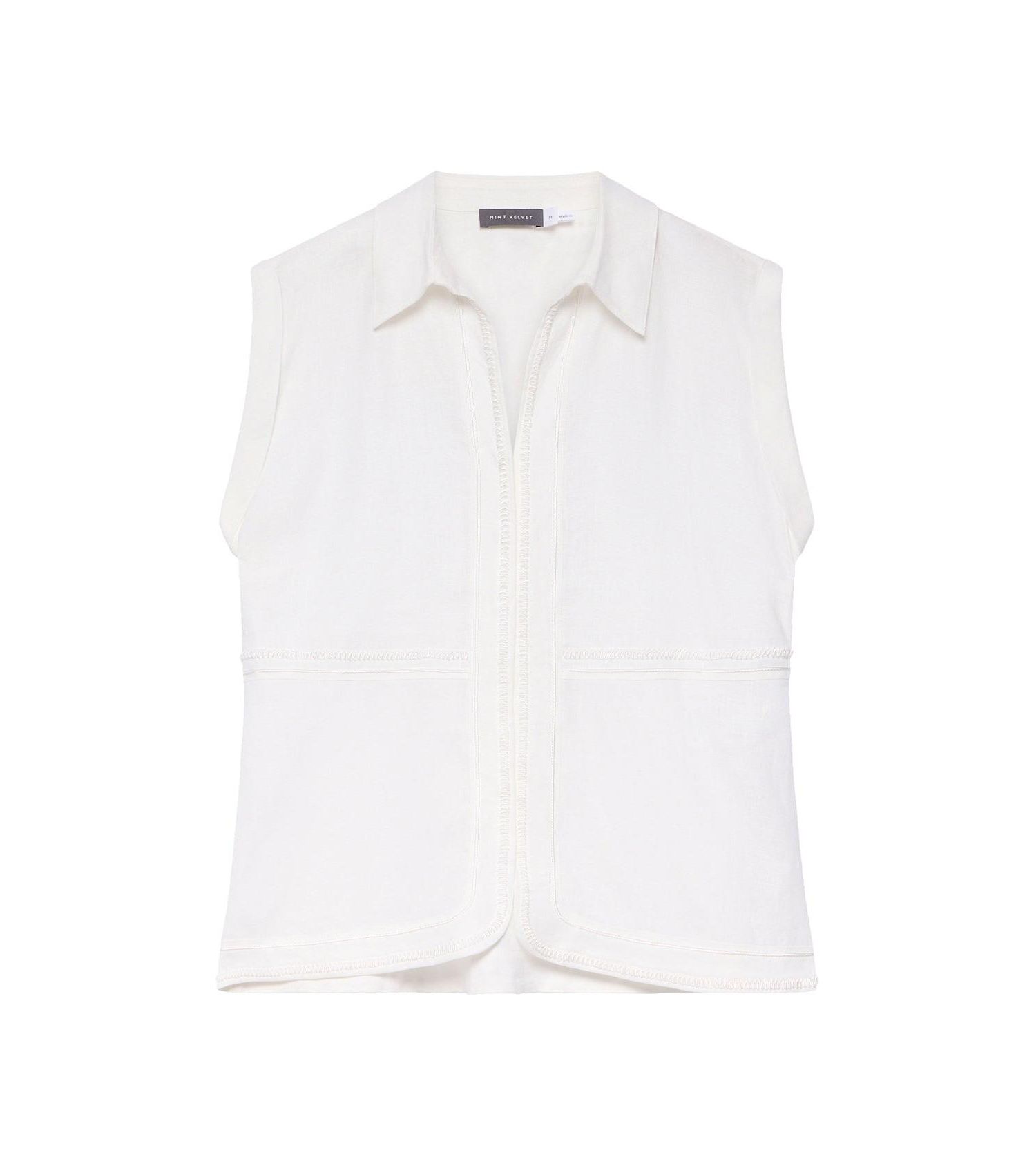 Women's Sleeveless Collared Pocket Linen Blouse