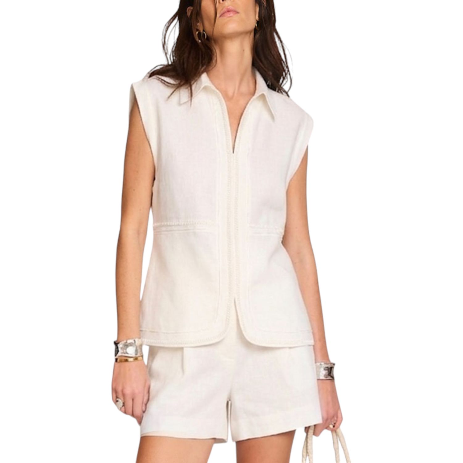 Women's Sleeveless Collared Pocket Linen Blouse
