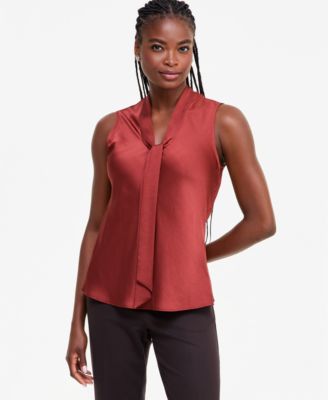 Petite Satin Tie-Neck Sleeveless Blouse