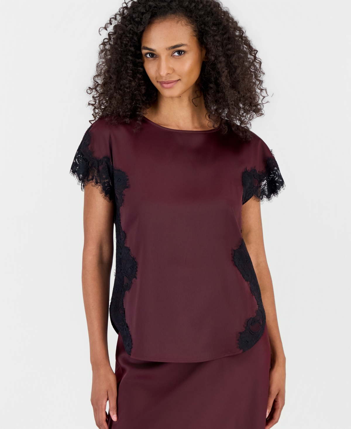 Anne Klein Women's Short-Sleeve Lace-Trim Satin Top - Barolo
