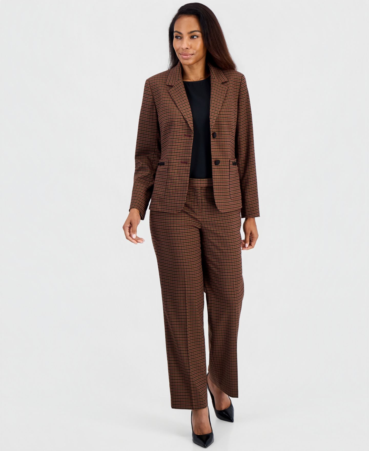 Женские комплекты Kasper Plaid Notch-Collar Patch-Pocket Blazer & Mid-Rise Straight-Leg Trousers, цвет: Коричный разноцветный — фото 1