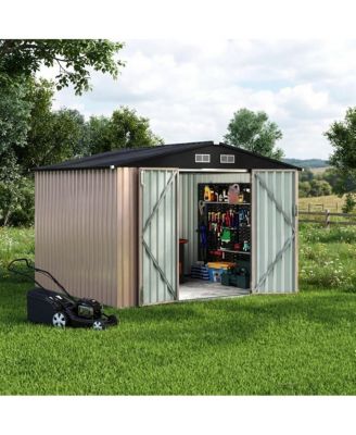 93x63x77 In Galvanized Steel Storage Shed, 6x8 FT Metal Tool Room with/without Solar Light and Lockable Door for Backyard Patio, Grey/Brown