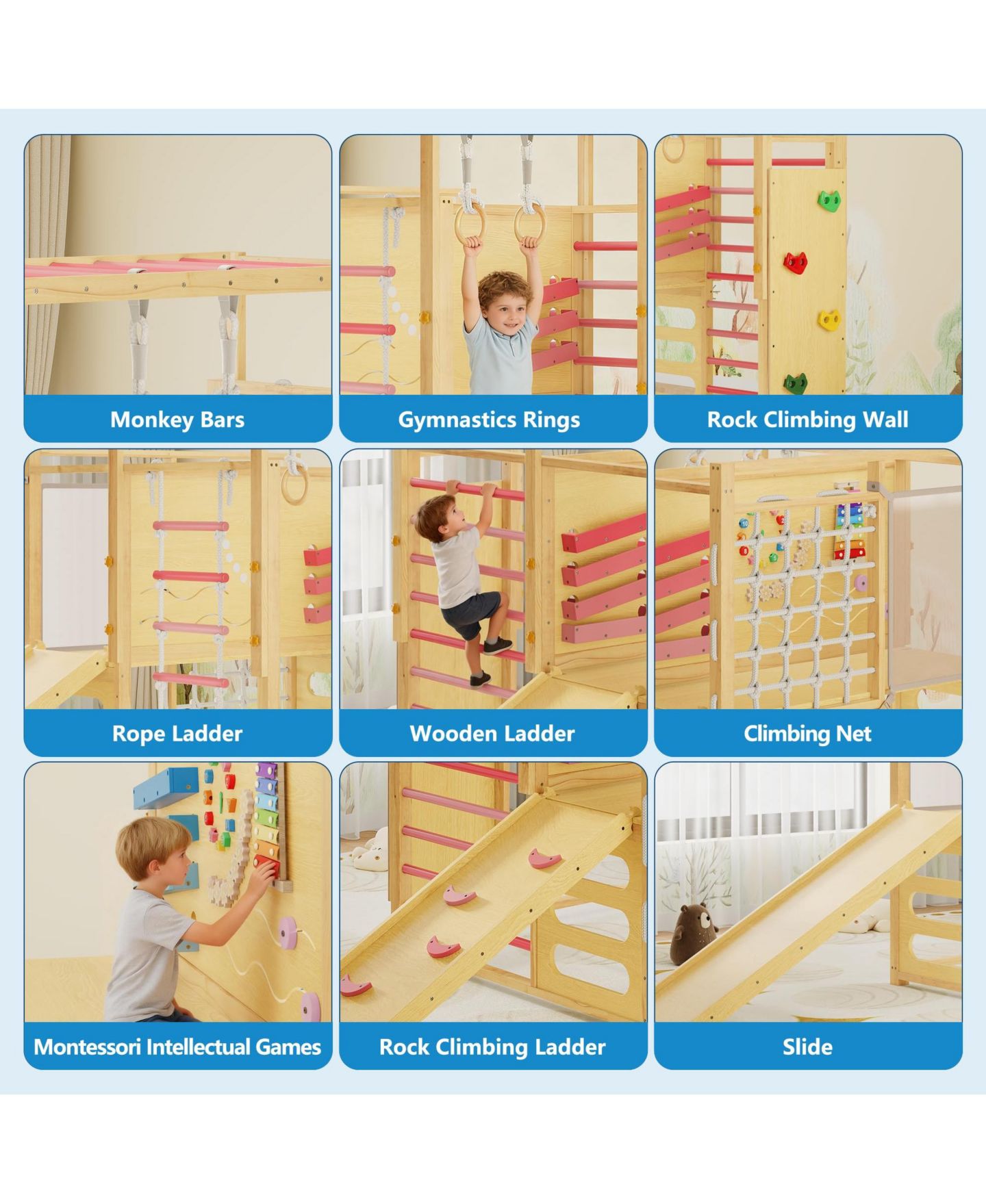 Детская игрушка homfan 9-in-1 Wooden Indoor Jungle Gym, Supports 4 Kids, Ages 2-8 — фото 3