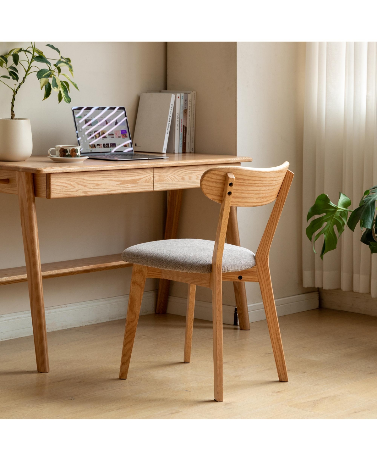 Flynama Set of 2 Natural Fas Grade Oak Upholstered Dining Chairs, Removable Washable Cushion