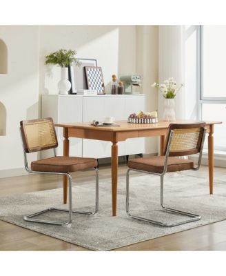 Set of 2 Cane Back Linen Upholstered Chrome Steel Pipe Base Cantilever Dining Chairs