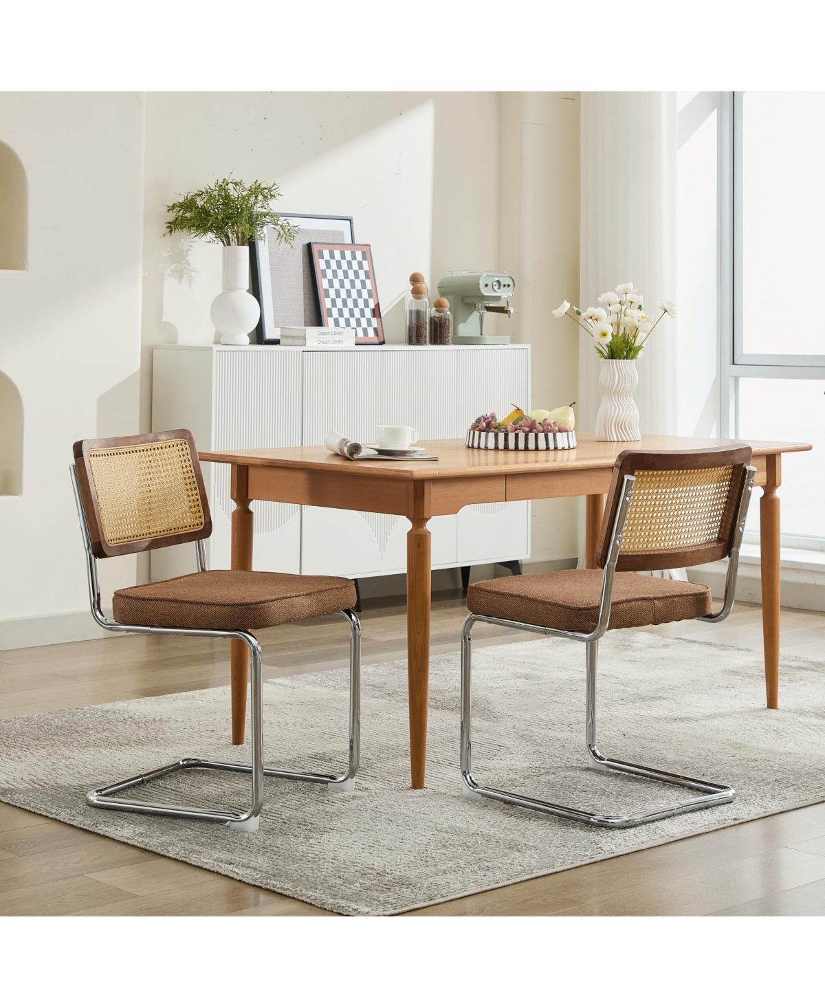 Flynama Set of 2 Cane Back Linen Upholstered Chrome Steel Pipe Base Cantilever Dining Chairs