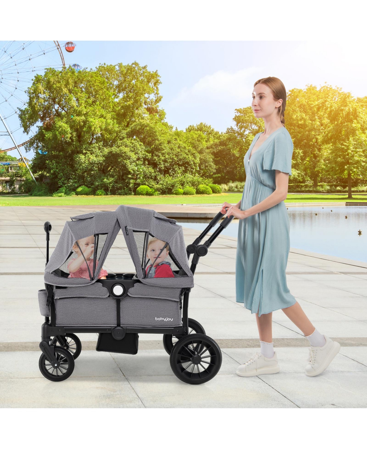 Costway Wagon Stroller for 2 Kids Push Pull Double Stroller