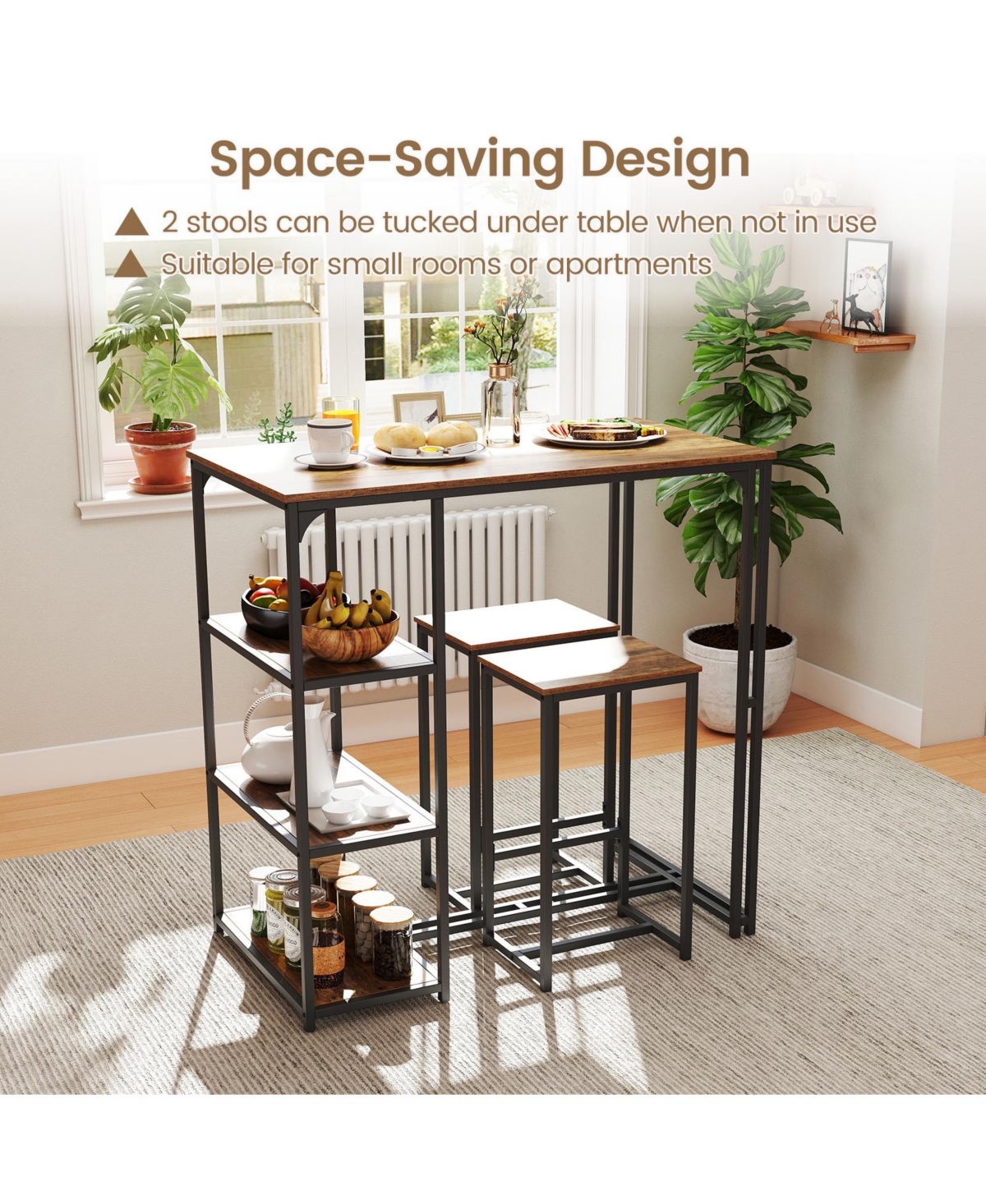 Mecale 3-Piece Bar-Height Dining Set with 2 Stools and Shelves