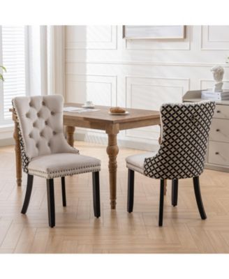Set of 2 Patterned Velvet Dining Chairs, Solid Wood Chairs with Nailhead and Adjustable Feet