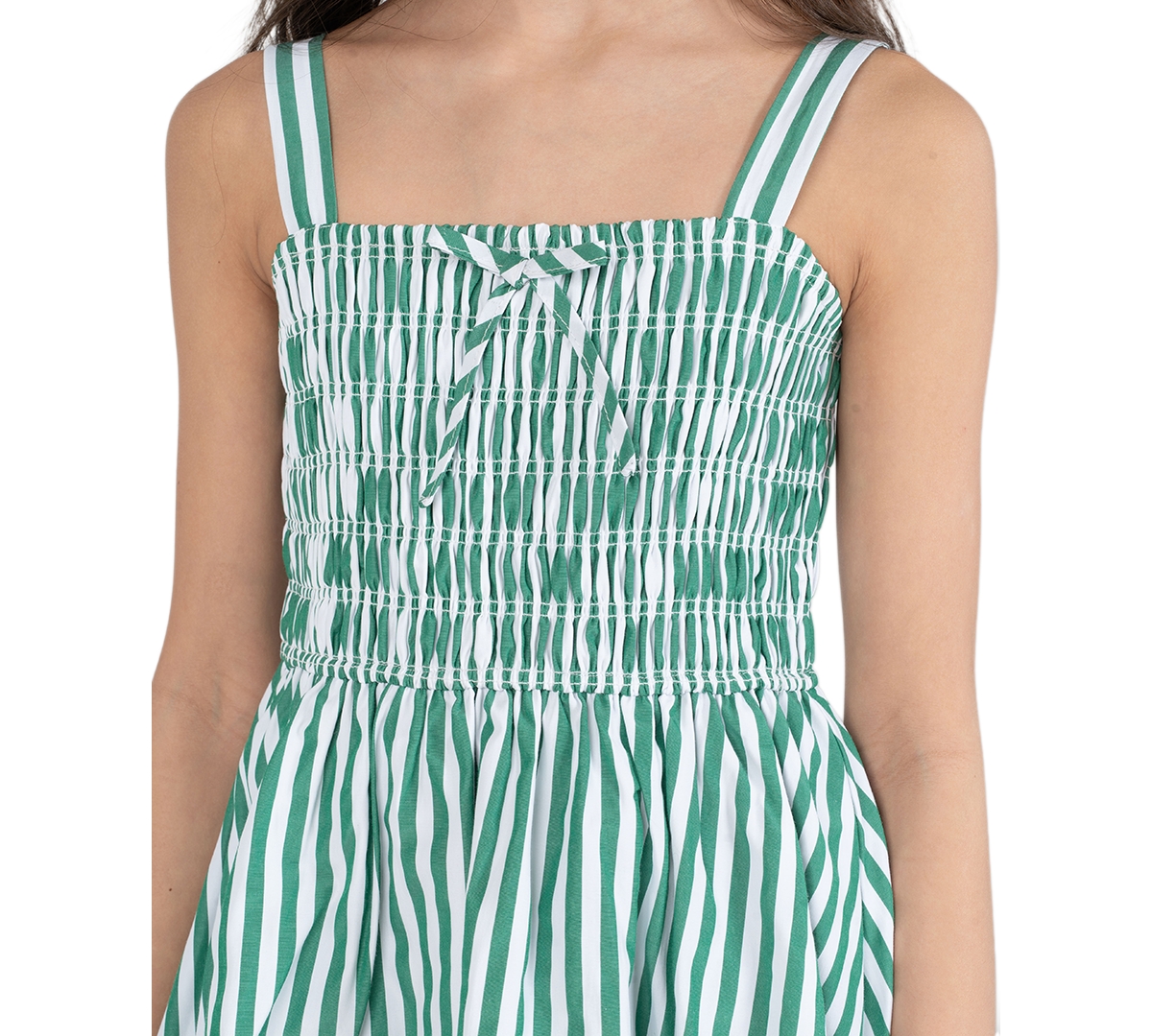 Rare Editions Girls' 7-16 Striped Cotton Smocked Bodice To Shirred Dress