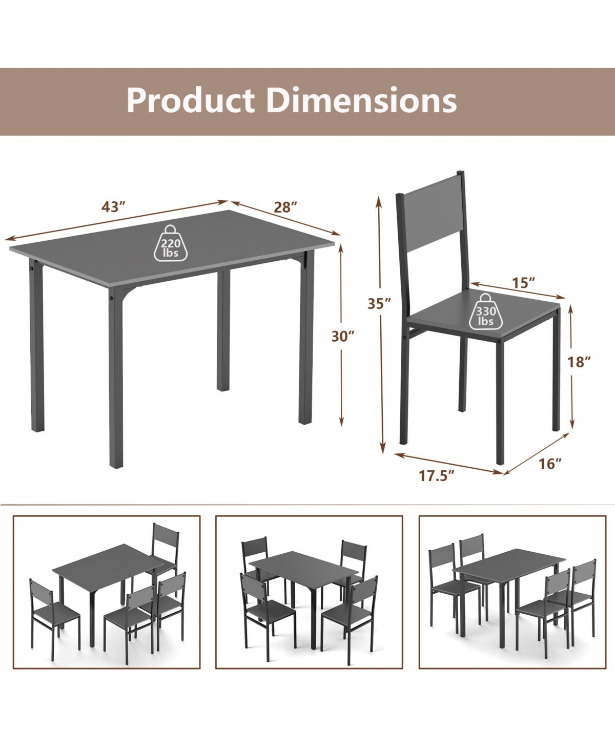 Mecale 5-Piece Industrial Dining Table Set with 4 Chairs for Kitchen