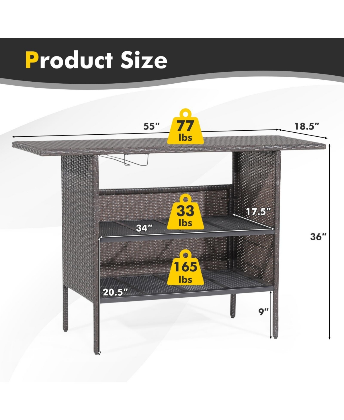 Mecale 55-Inch Outdoor Wicker Bar Table with 2 Storage Shelves
