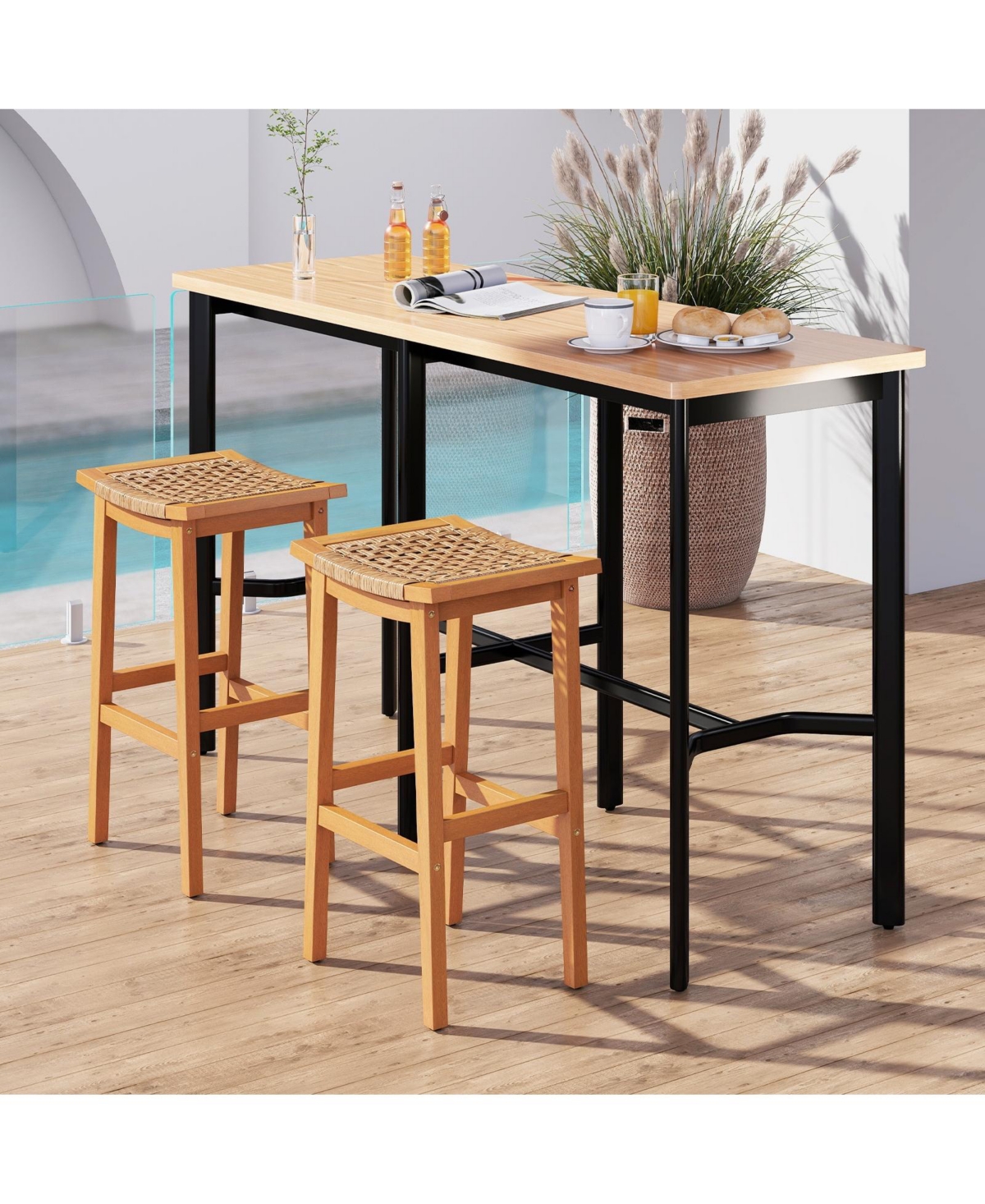 Mecale Set of 2 Outdoor Acacia Wood Bar Stools with Rattan Seats