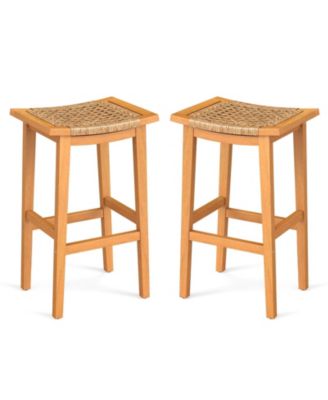 Set of 2 Outdoor Acacia Wood Bar Stools with Rattan Seats