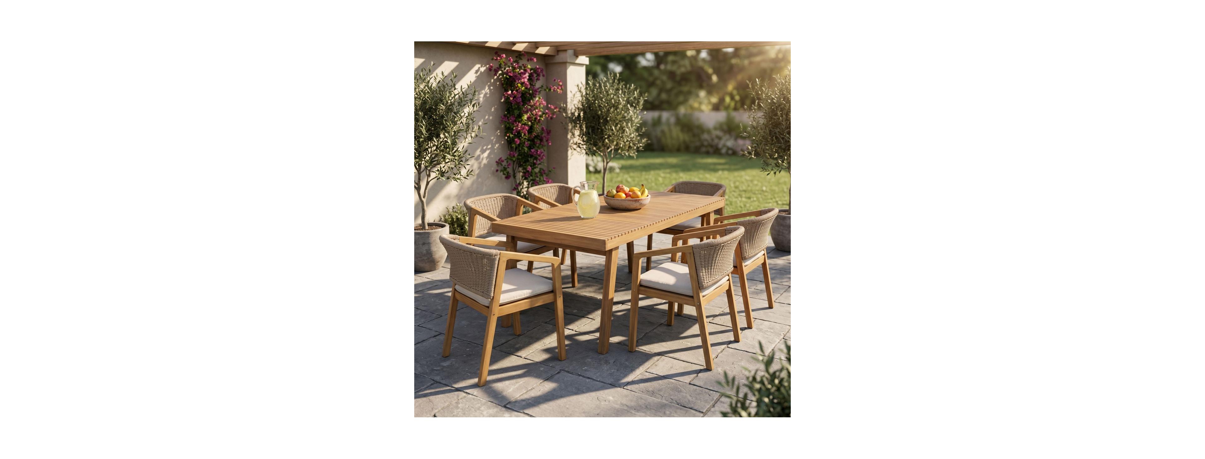 Asagikoiai 7-Piece Acacia Wood Patio Dining Set with Slatted Table and 6 Rope Woven Chairs