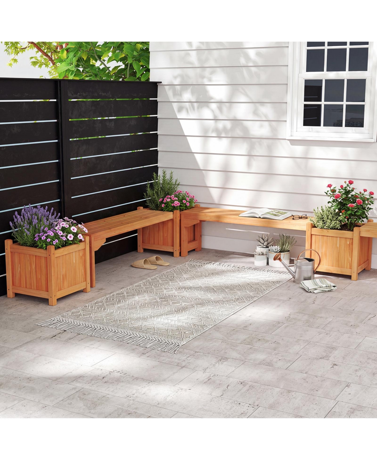 Gymax 2 Piece Outdoor Bench with Raised Garden Bed Fir Wood Planter Box with Spacious Seat