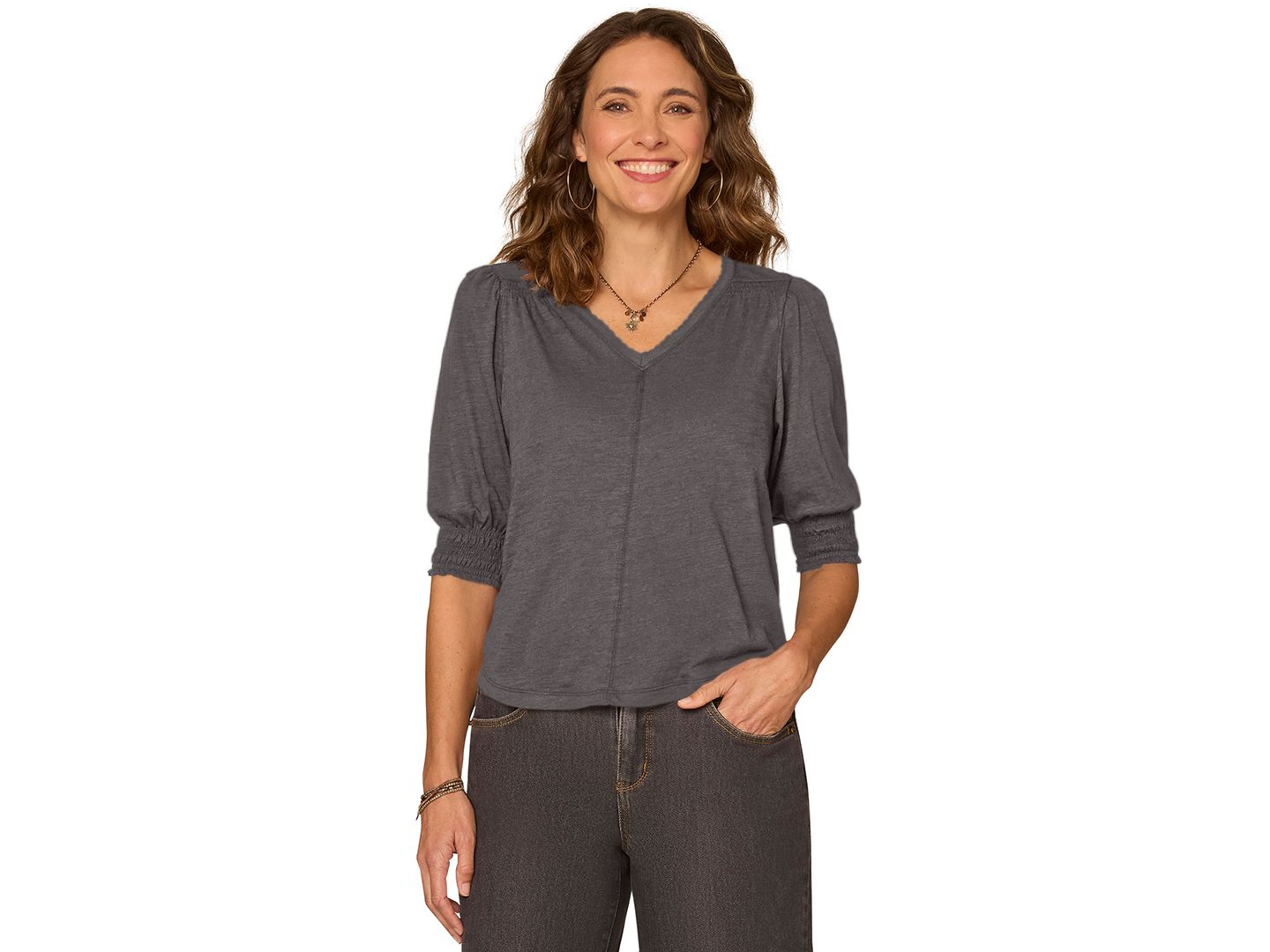 Женская блузка Democracy Petite Elbow-Length Blouson Scalloped V-Neck Blouse, цвет: Меланжевый угольный — фото 2