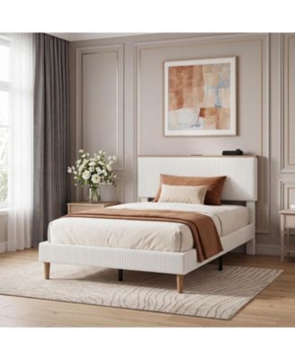 Twin Bed Frame – Upholstered Platform with Corduroy Storage Headboard, Charging Station and LED Lights, No Box Spring